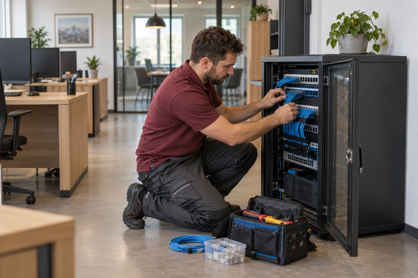 Technik zapája dátovú kabeláž v sieťovom racku vo firemnej kancelárii